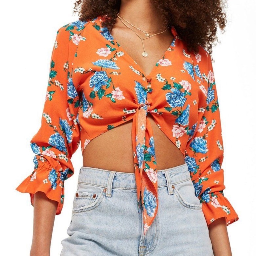 Topshop Orange and Floral Tie-front Cropped Blouse Size‎ 8